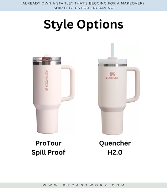 two stainless steel tumblers with different styles: ProTour and Quencher.