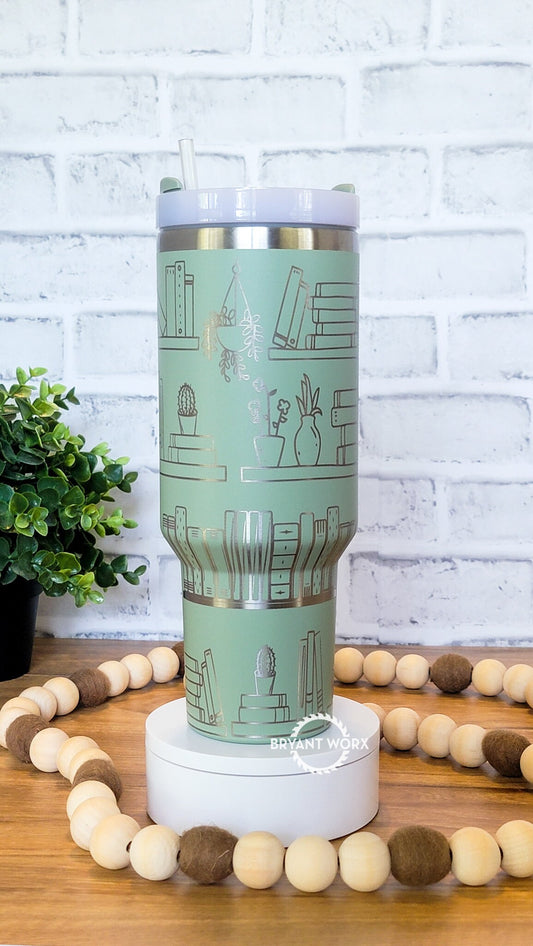 Book Shelf TBR Full Wrap | Engraved 40oz Tumbler with Handle | Custom Engraving | Fantasy | Romance | Book Lover's Gift | Gift Loves Books