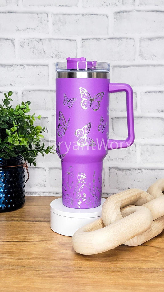 Butterfly Full Wrap | Engraved 40oz Tumbler with Handle | Custom Engraving | Mother's Day Gift | Mom Gift | Flowers | Lupus