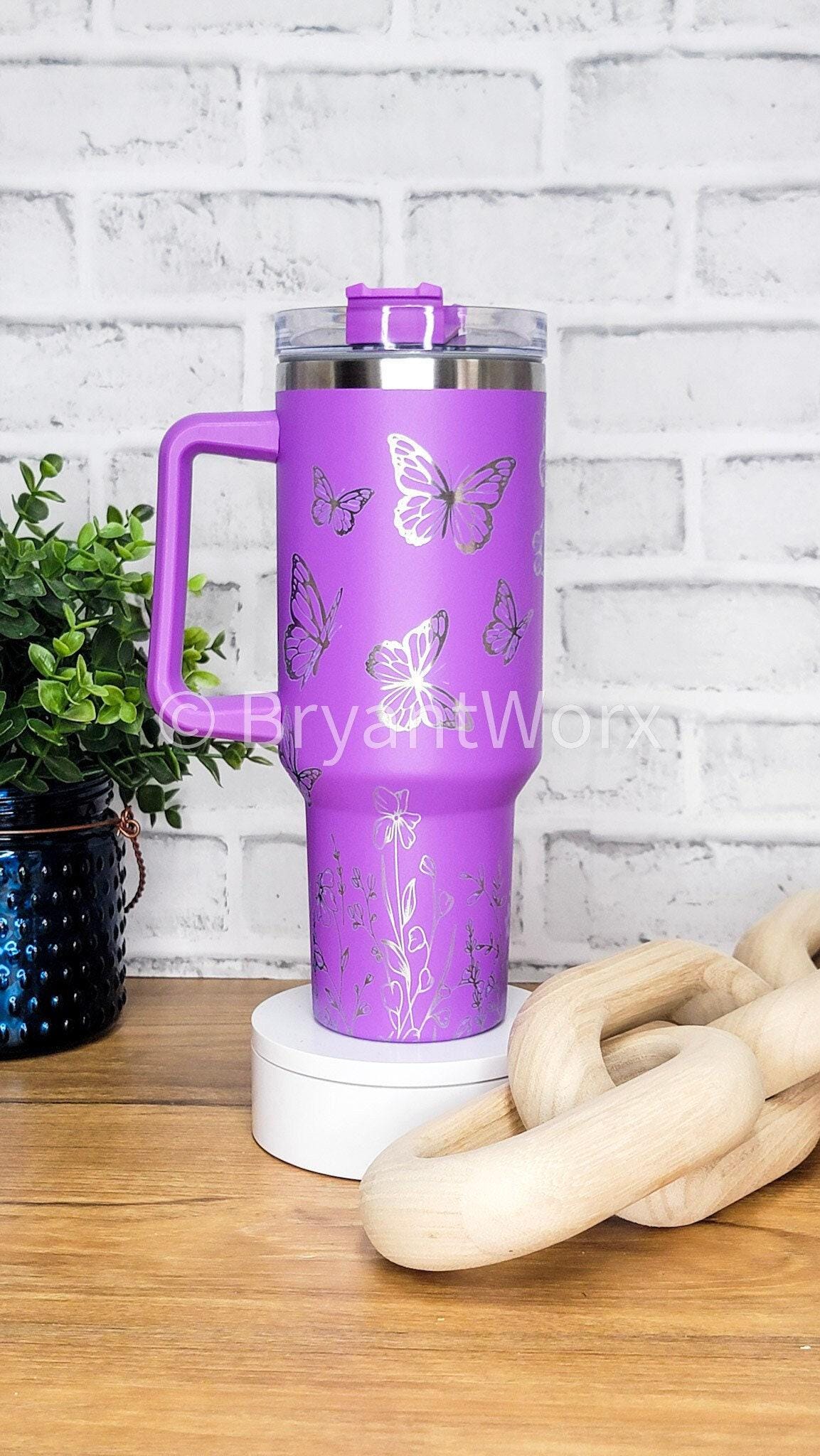 Butterfly Full Wrap | Engraved 40oz Tumbler with Handle | Custom Engraving | Mother's Day Gift | Mom Gift | Flowers | Lupus