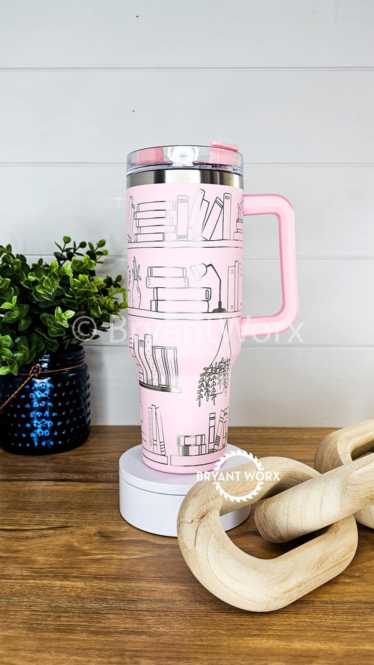 TBR Bookshelf | Engraved 40oz Tumbler with Handle | Custom Engraved | Fantasy | Romance | Book Lover's Gift | Girlfriend Gift | Book Dragon