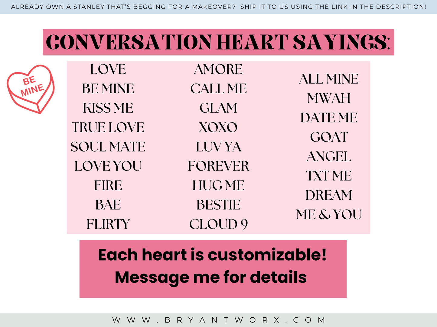 Cute Candy Hearts | Engraved STANLEY | Valentines Day Stanley | Conversation | Hearts | Cute Valentine | Be Mine | Love | 40 oz 30oz 20oz