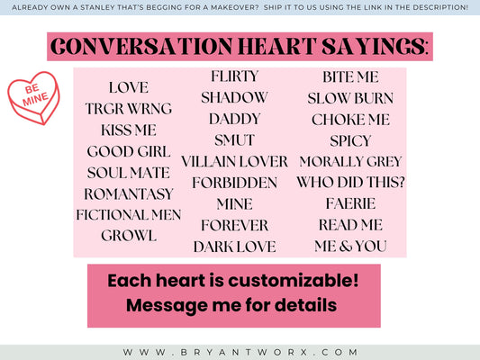 Bookish Candy Hearts | Engraved STANLEY | Valentines Day Stanley | Conversation | Hearts | Smut | Romantasy | Spicy | 40 oz 30oz 20oz