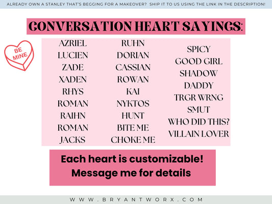 Book Boyfriend Candy Hearts | Engraved STANLEY | Valentines Day | Conversation | Hearts | Smut | Romantasy | Spicy | 40 oz 30oz 20oz