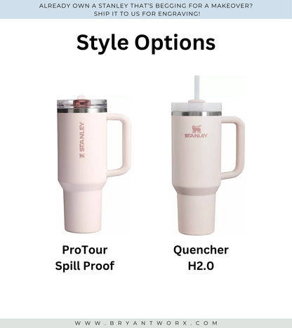 two stainless steel tumblers with different styles: ProTour and Quencher.