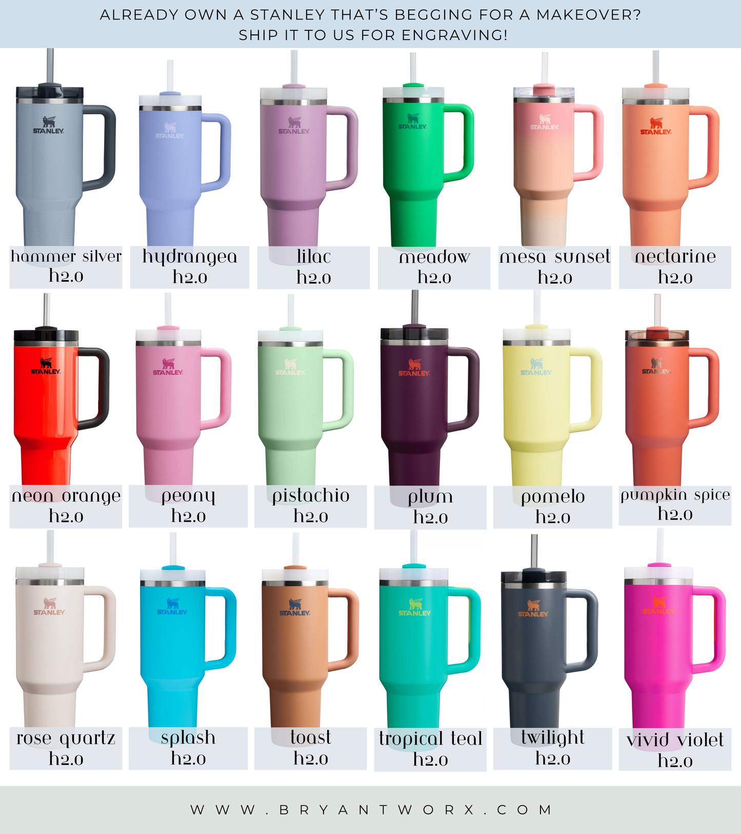 a collection of colorful stainless steel tumblers with straws, arranged in a grid pattern.