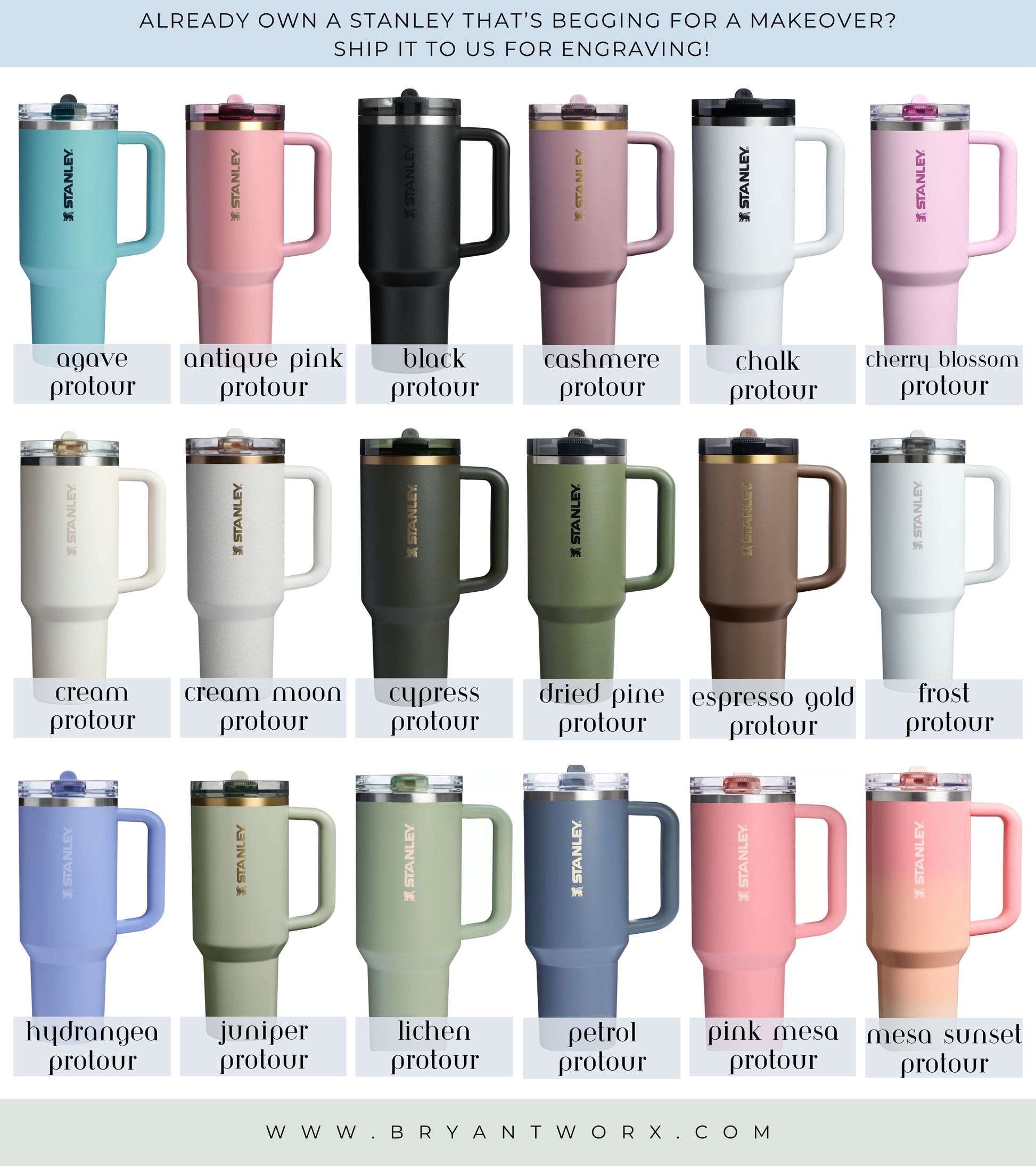 a collection of various colored stainless steel tumblers, each with a different handle color and design.