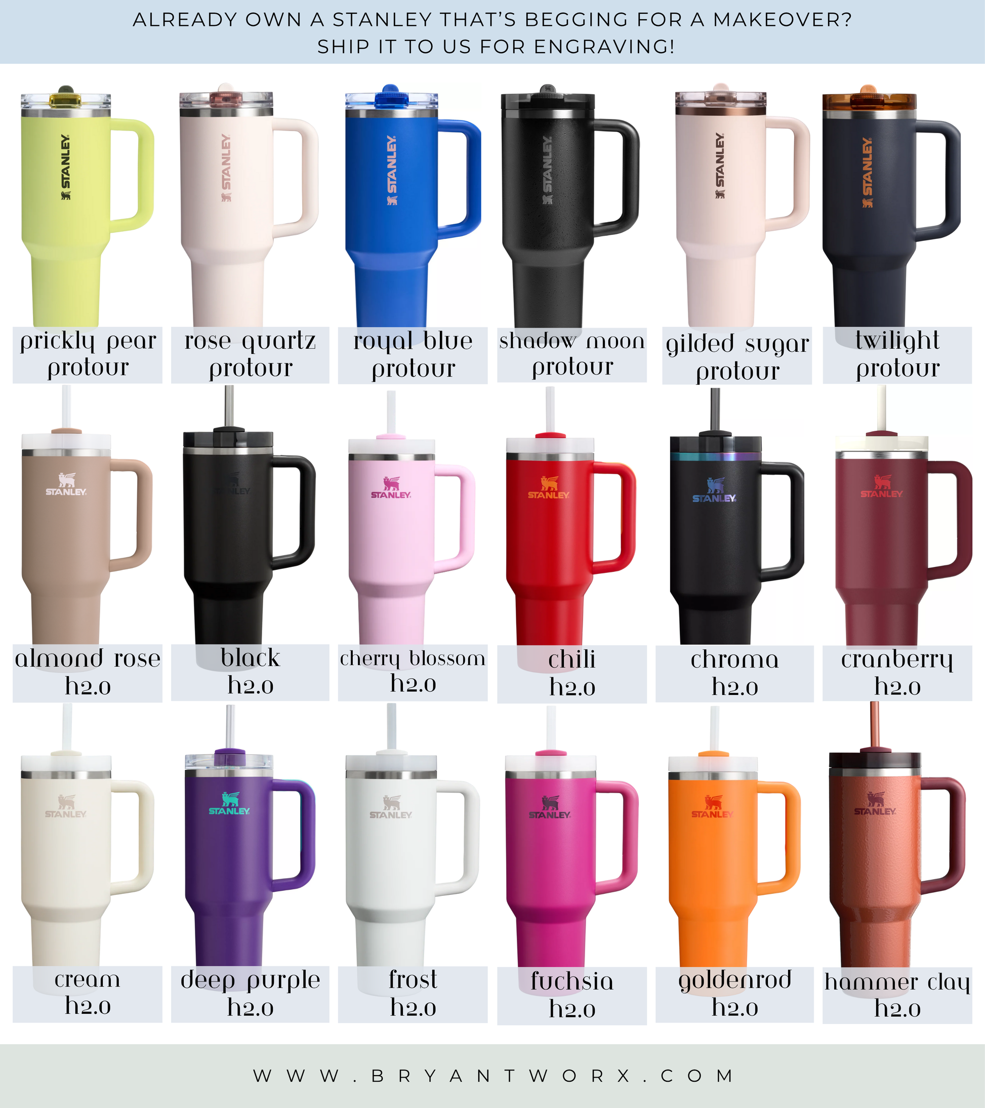 a collection of various colored stainless steel tumblers, each with a different handle color, arranged in a grid format.