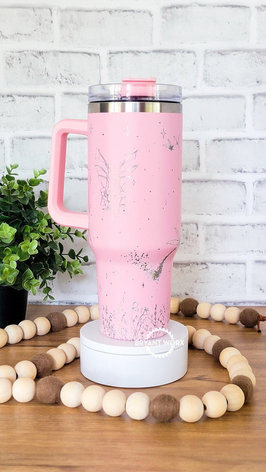Fairy Full Wrap | Engraved 40oz Tumbler with Handle | Custom Engraving | Fantasy | Faries | Floral | Pixie | Dust | Custom Gift