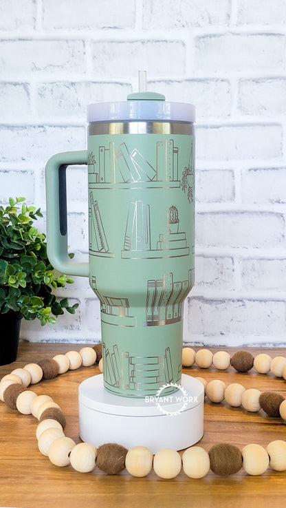 Book Shelf TBR Full Wrap | Engraved 40oz Tumbler with Handle | Custom Engraving | Fantasy | Romance | Book Lover's Gift | Gift Loves Books