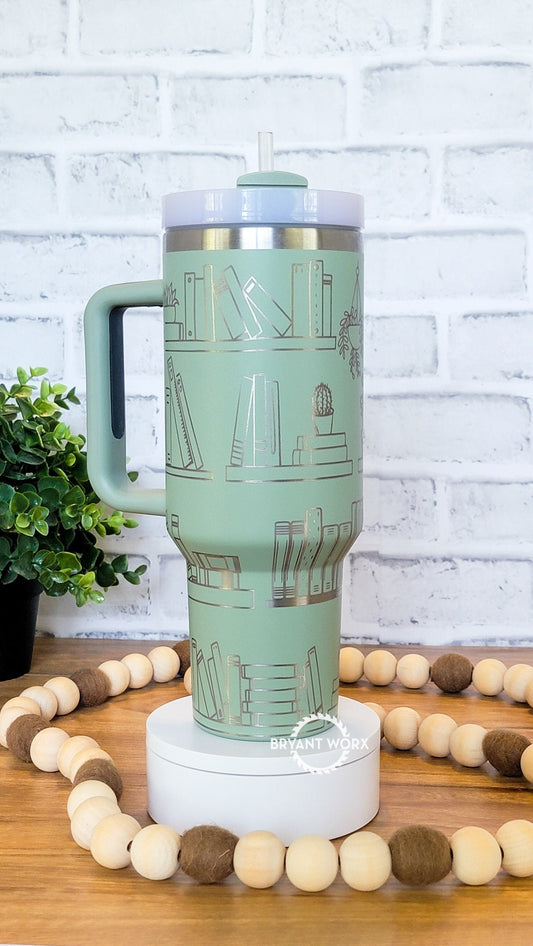 Book Shelf TBR Full Wrap | Engraved 40oz Tumbler with Handle | Custom Engraving | Fantasy | Romance | Book Lover's Gift | Gift Loves Books