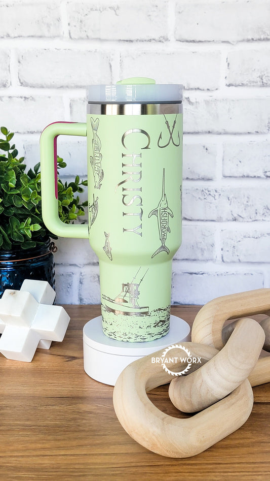 Personalized Fishing Full Wrap | Engraved 40oz Tumbler with Handle | Custom Engraving | Deep Sea Fishing | Fish Like a Girl