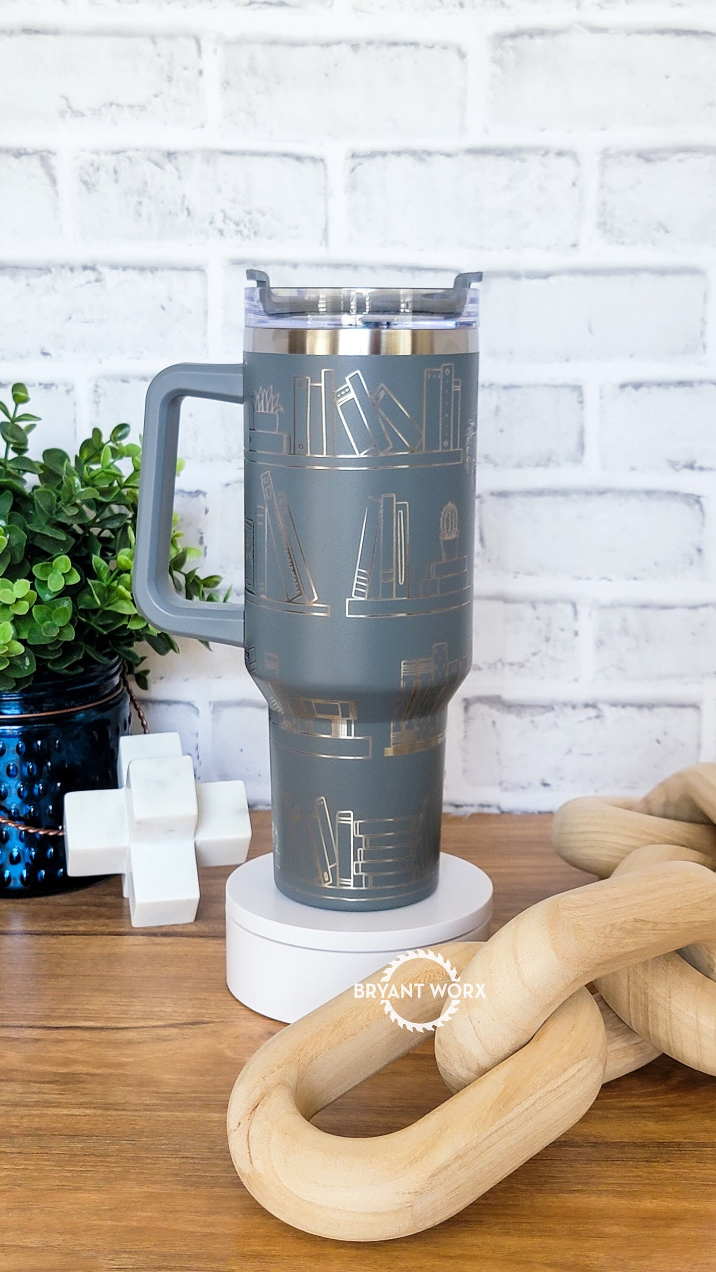 Book Shelf TBR Full Wrap | Engraved 40oz Tumbler with Handle | Custom Engraving | Fantasy | Romance | Book Lover's Gift | Gift Loves Books