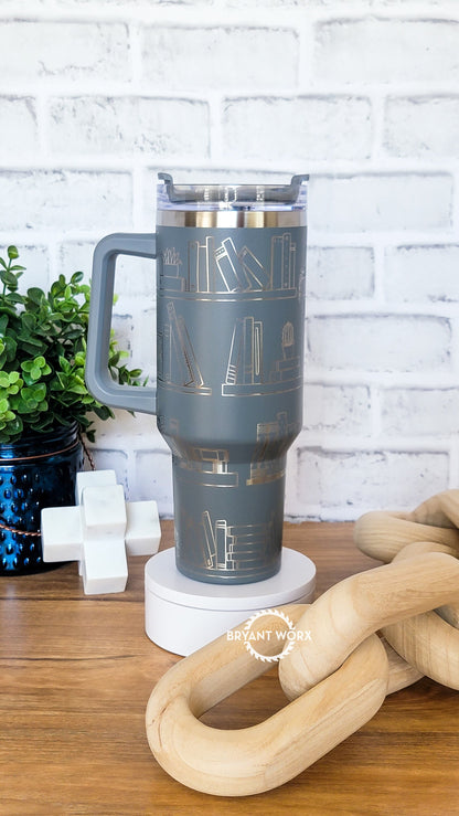 Book Shelf TBR Full Wrap | Engraved 40oz Tumbler with Handle | Custom Engraving | Fantasy | Romance | Book Lover's Gift | Gift Loves Books