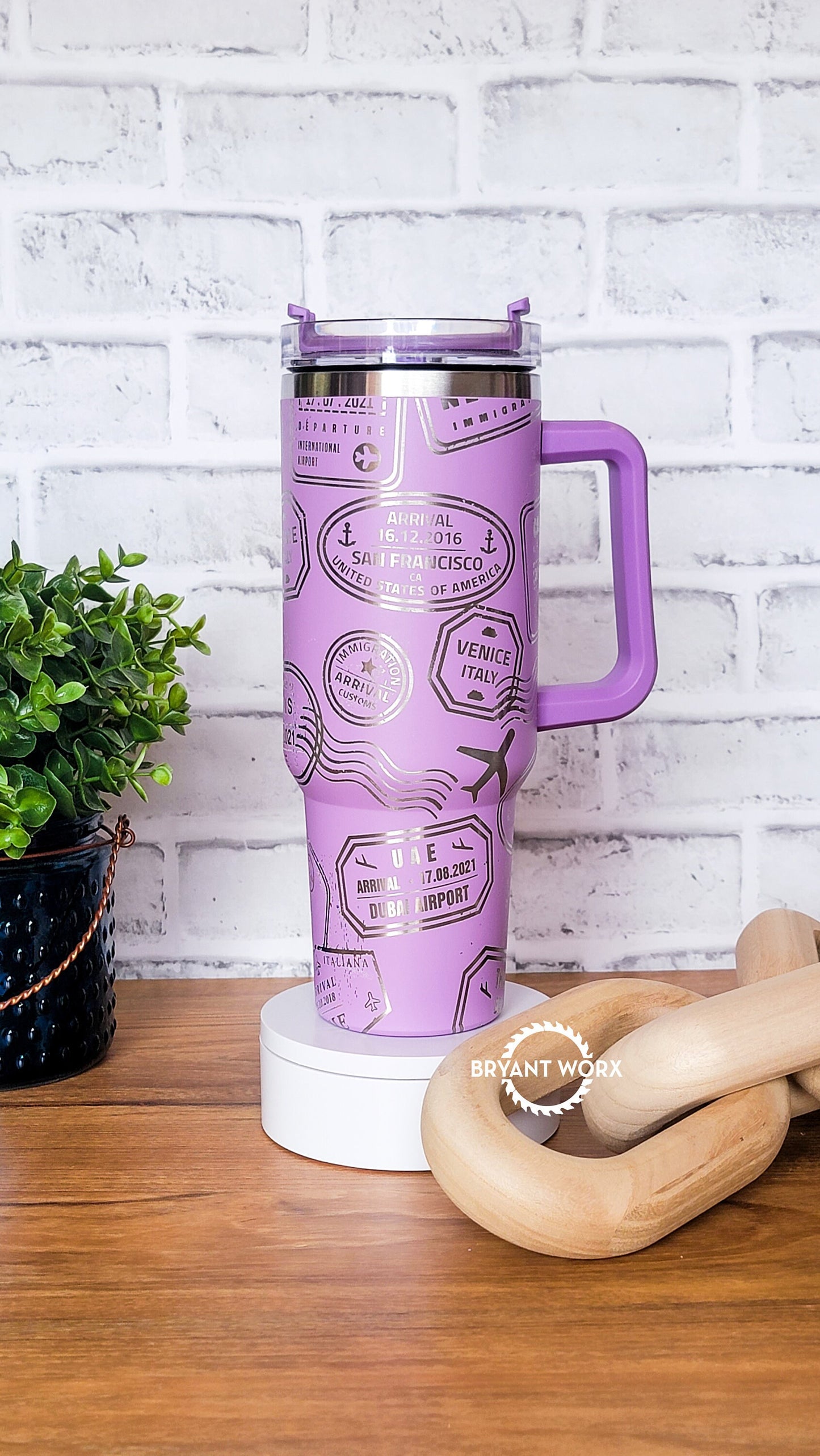 Travel Full Wrap | Engraved 40oz Tumbler with Handle | Custom Engraving | Planes | International Travel | Passport