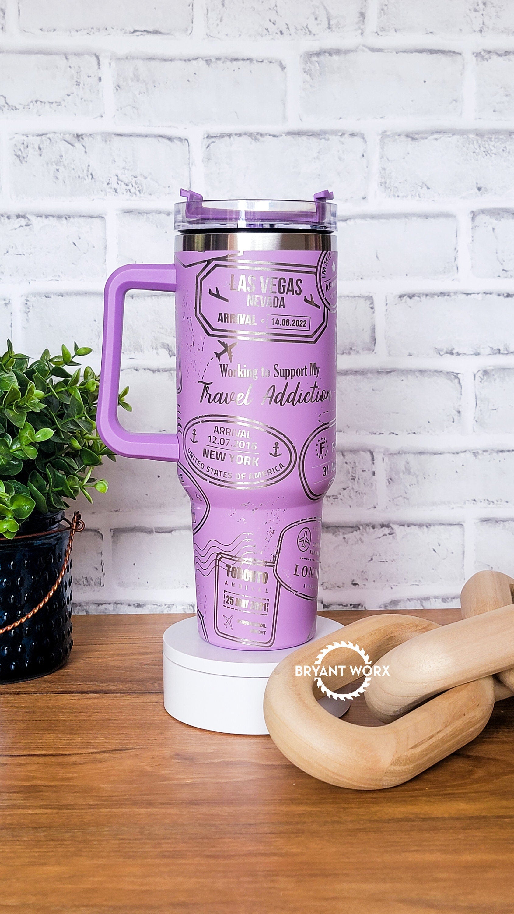 Travel Full Wrap | Engraved 40oz Tumbler with Handle | Custom Engraving | Planes | International Travel | Passport