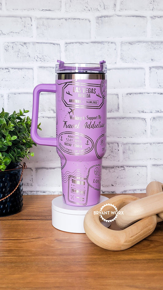 Travel Full Wrap | Engraved 40oz Tumbler with Handle | Custom Engraving | Planes | International Travel | Passport