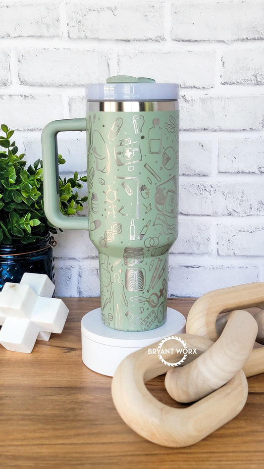 Medical Full Wrap | Engraved 40oz Tumbler with Handle | Custom Engraving | Doctor | Nurse | Hospital | RN | Nurse Gift | Graduate Gift