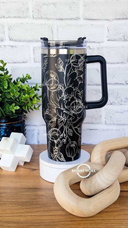 Peony Full Wrap | Engraved 40oz Tumbler with Handle | Florist Gift | Mother's Day Gift | Birthday Gift | Bridal | Matte Rose Gold