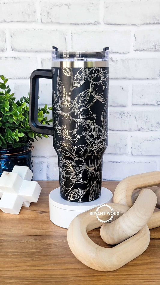 Peony Full Wrap | Engraved 40oz Tumbler with Handle | Florist Gift | Mother's Day Gift | Birthday Gift | Bridal | Matte Rose Gold
