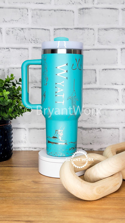 Personalized Fishing Full Wrap | Engraved Tumbler with Handle | Custom Engraving | Deep Sea Fishing | Fish Like a Girl | 40oz 30oz 20oz