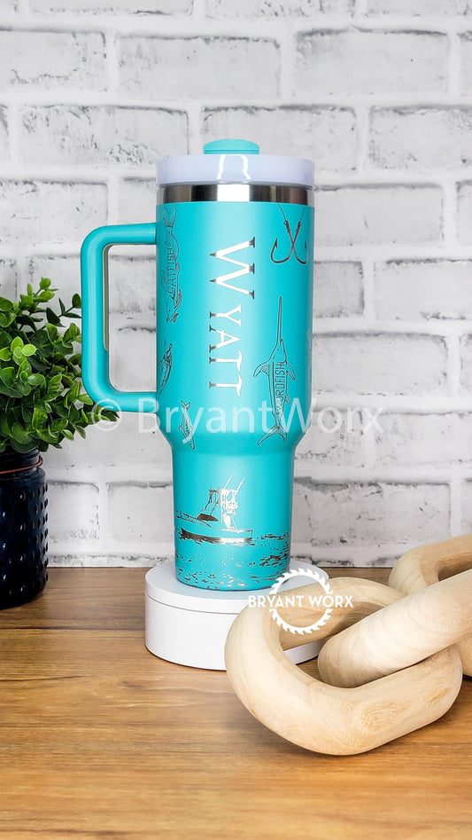 Personalized Fishing Full Wrap | Engraved Tumbler with Handle | Custom Engraving | Deep Sea Fishing | Fish Like a Girl | 40oz 30oz 20oz
