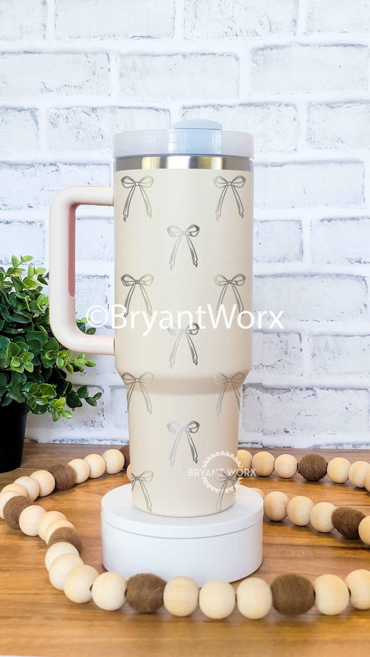 Holiday Bows | Engraved 40oz Tumbler with Handle | Warm and Cozy | Ribbon Bow | Christmas Gift | Christmas | Holiday | Winter | Coquette