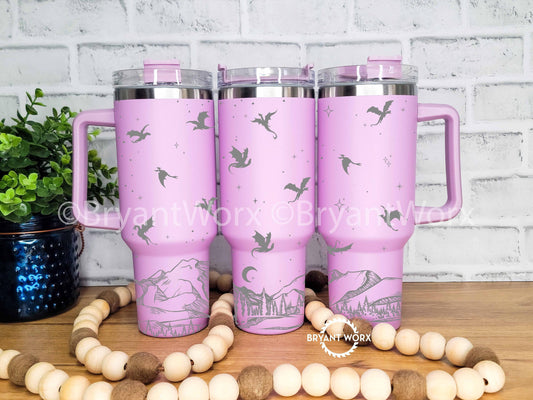 Dragon Landscape Full Wrap | Engraved 40oz Tumbler with Handle | Fantasy Scene | Fantasy Map | Mountains