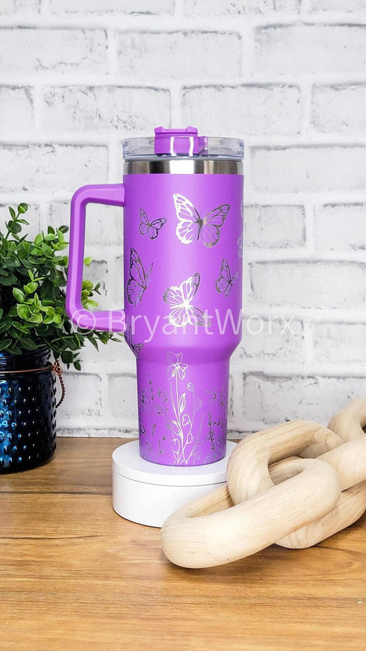 Butterfly Full Wrap | Engraved 40oz Tumbler with Handle | Custom Engraving | Mother's Day Gift | Mom Gift | Flowers | Lupus