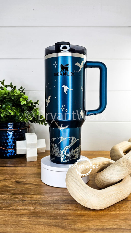 Dragon Flight Full Wrap | Engraved STANLEY | Custom Engraved | Fantasy Scene | Fantasy Map | Mountains | Wing | 40oz 30oz 20oz