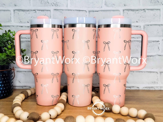 Coquette Bows | Engraved 40oz Tumbler with Handle | Custom Engraved | Warm and Cozy | Ribbon | Bow | Holiday Bows | Valentines Gift