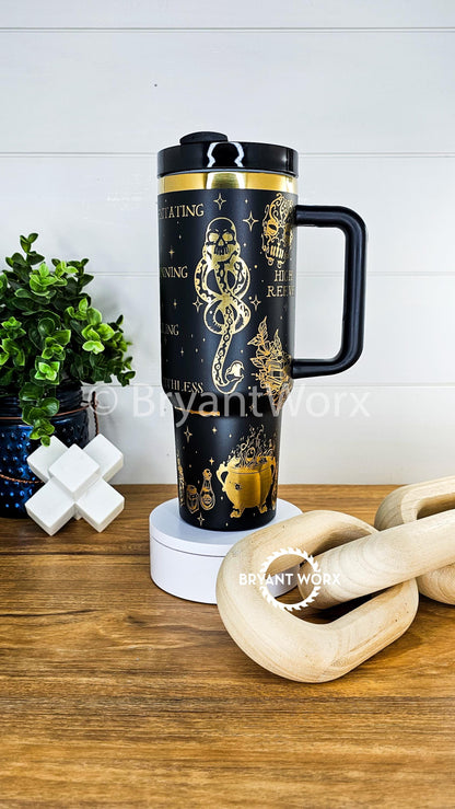 Magic Romance | Engraved 40oz Tumbler with Handle | Custom Engraved | Fantasy | Book Lover's | Broom | Manacle