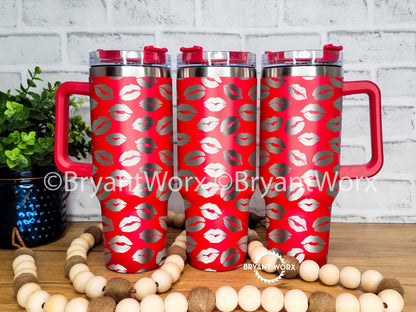 Kisses | Engraved 40oz Tumbler with Handle | Valentines Day | Pucker Up | Lipstick | Cute Valentine | Be Mine | Valentine | Valentine