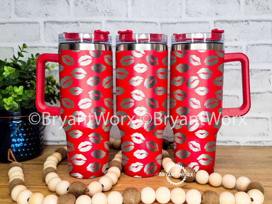 Kisses | Engraved 40oz Tumbler with Handle | Valentines Day | Pucker Up | Lipstick | Cute Valentine | Be Mine | Valentine | Valentine