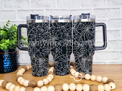Spooky Spider Web | Engraved 40oz Tumbler with Handle | Scary | Halloween | Trick or Treat | BOO | Haunted | Fall | Spooky Season | Skeleton