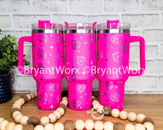 Bookish Candy Hearts | Engraved 40oz Tumbler | Valentines Day | Conversation | Heart | Smut | Romantasy | Spicy | Wingspan | Book Lover Gift