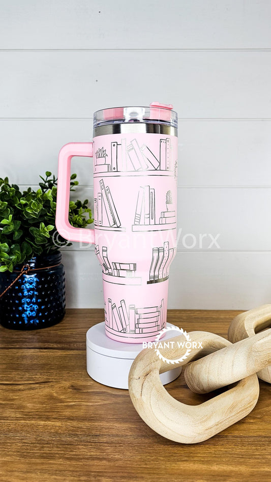 TBR Bookshelf | Engraved 40oz Tumbler with Handle | Custom Engraved | Fantasy | Romance | Book Lover's Gift | Girlfriend Gift | Book Dragon