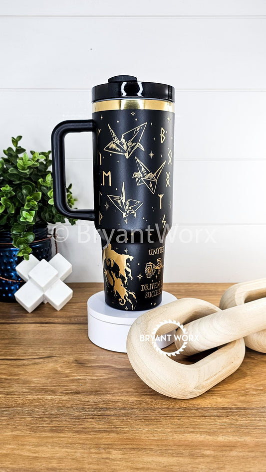 Magic Romance | Engraved 40oz Tumbler with Handle | Custom Engraved | Fantasy | Book Lover's | Broom | Manacle