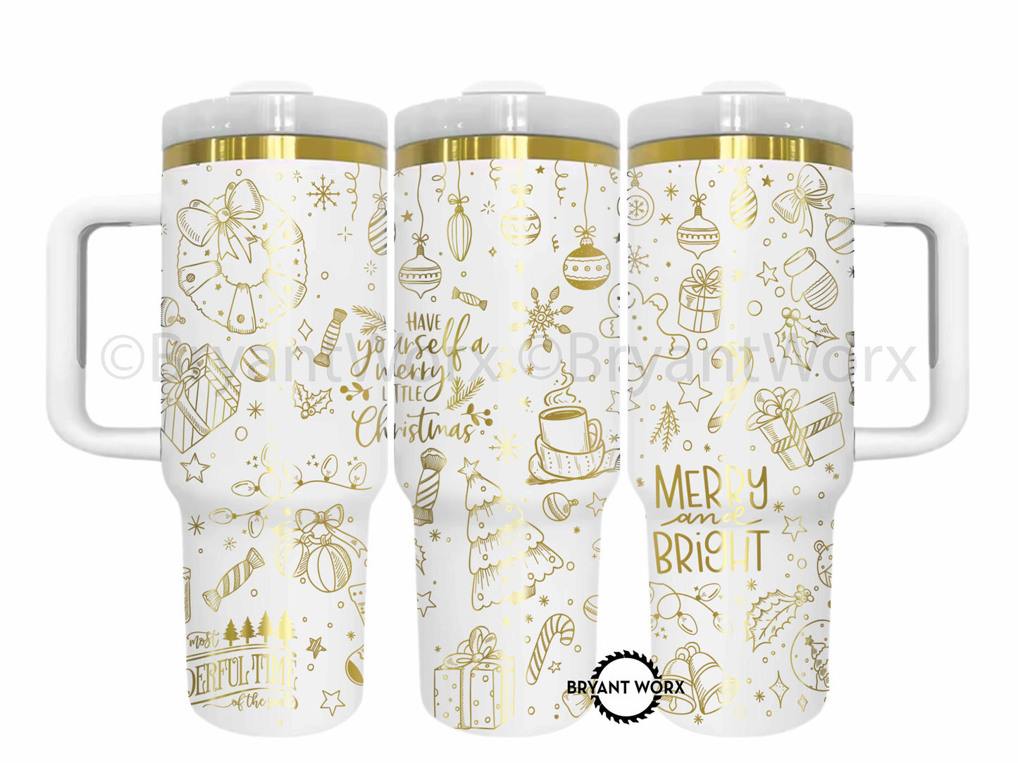 Merry and Bright | Engraved 40oz Tumbler with Handle | Custom | Holly | Jolly | Christmas Gift | Christmas Cup | Happy Holidays