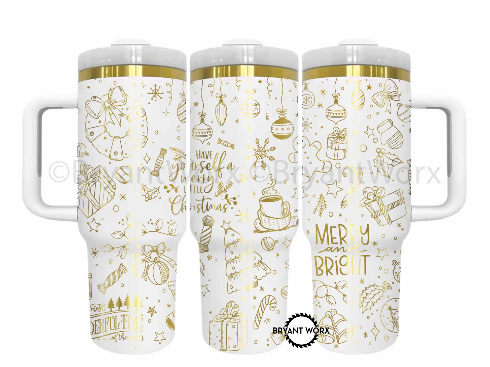 Merry and Bright | Engraved 40oz Tumbler with Handle | Custom | Holly | Jolly | Christmas Gift | Christmas Cup | Happy Holidays