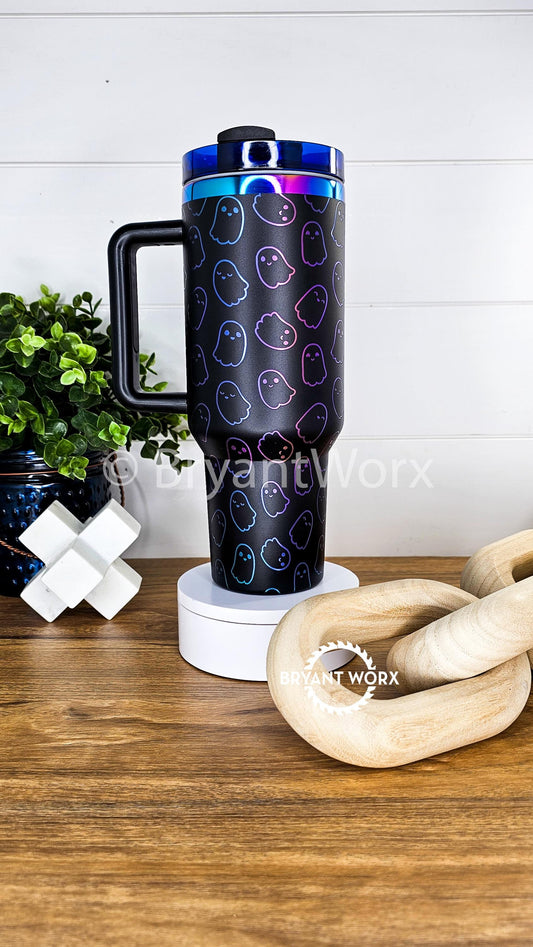 Mini Ghost | Engraved 40oz Tumbler with Handle | Cute Halloween | Scary | Kids | Halloween | Trick or Treat | BOO | Spooky | Skeleton