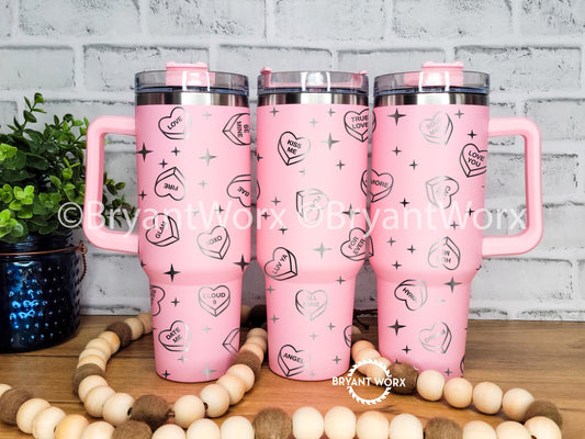 Cute Candy Hearts | Engraved 40oz Tumbler | Valentines Day | Conversation | Hearts | Cute Valentine | Be Mine | Love | Hug Me