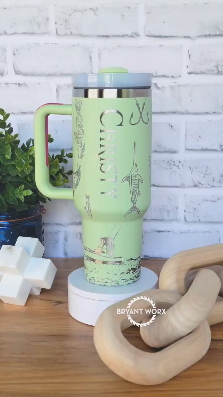 Personalized Fishing Full Wrap | Engraved 40oz Tumbler with Handle | Custom Engraving | Deep Sea Fishing | Fish Like a Girl