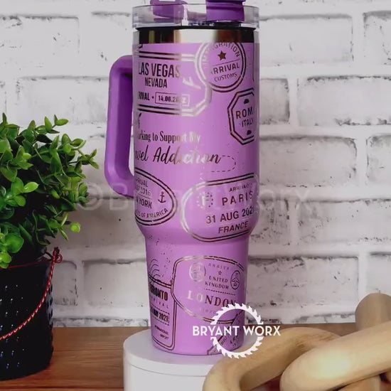 Travel Full Wrap | Engraved 40oz Tumbler with Handle | Custom Engraving | Planes | International Travel | Passport