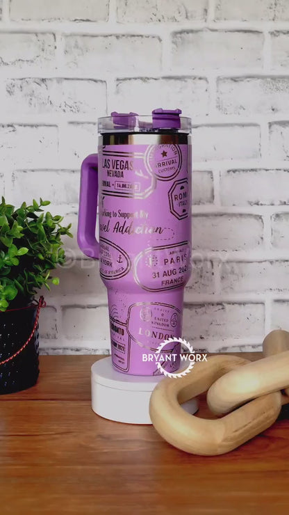 Travel Full Wrap | Engraved 40oz Tumbler with Handle | Custom Engraving | Planes | International Travel | Passport